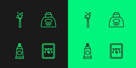 Set line Computer with design program, Tube paint palette, Magic wand and I.. Illustrazione stock