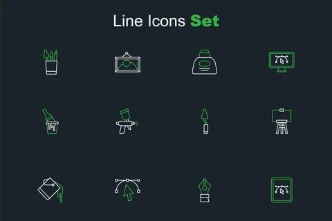 Set line Computer with design program, Fountain pen nib, Bezier curve, Pain.. Stock Illustration