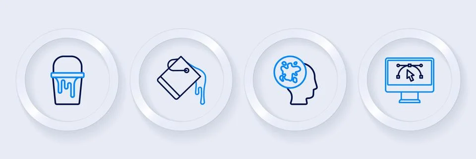 Set line Computer with design program, Paint spray, bucket and  icon. Vector Stock Illustration