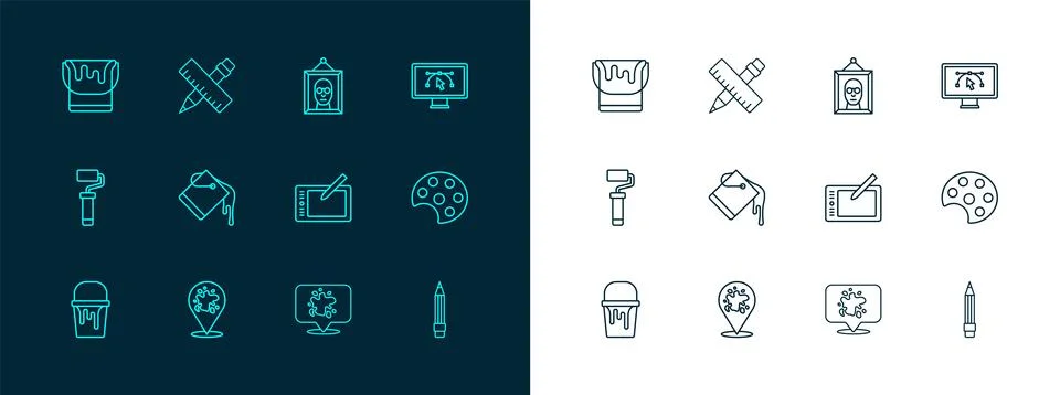 Set line Computer with design program, Paint spray, Graphic tablet, bucket,.. 스톡 일러스트