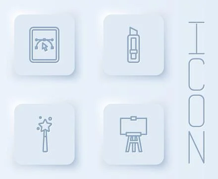 Set line Computer with design program, Stationery knife, Magic wand and Woo.. Illustrazione stock