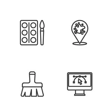 Set line Computer with design program, Paint brush, Watercolor paints box a.. Stock Illustration