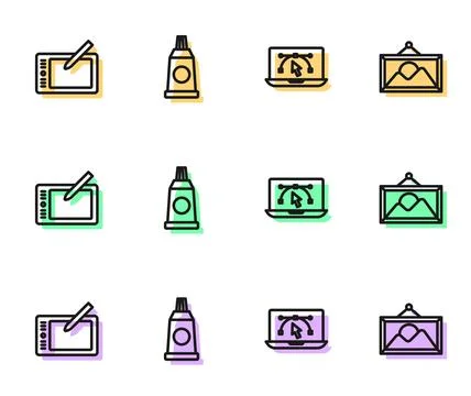 Set line Computer with design program, Graphic tablet, Tube paint palette a.. イラスト素材