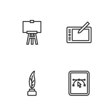 Set line Computer with design program, Feather and inkwell, Wood easel and .. Stock Illustration