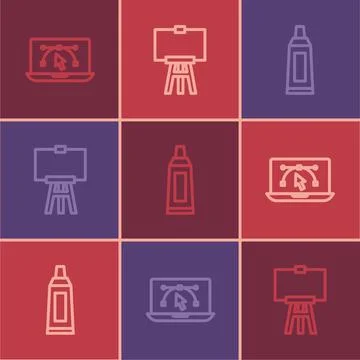 Set line Computer with design program, Tube paint palette and Wood easel ic.. イラスト素材