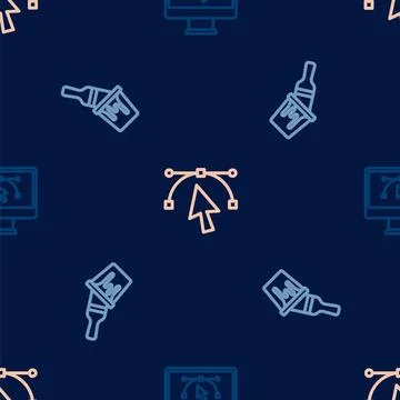 Set line Computer with design program, Paint bucket brush and Bezier curve .. Stock Illustration