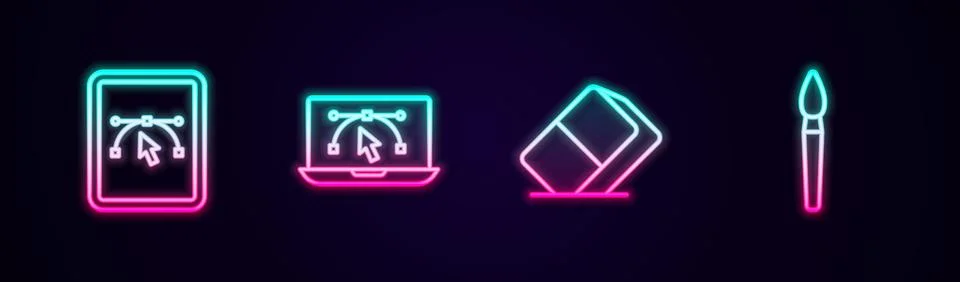 Set line Computer with design program, Eraser or rubber and Paint brush. Gl.. Stock Illustration