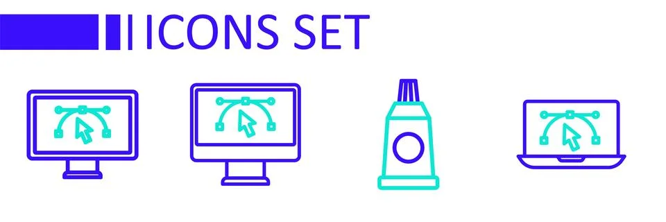 Set line Computer with design program, Tube paint palette,  and  icon. Vector Stock Illustration