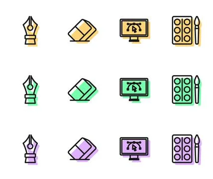 Set line Computer with design program, Fountain pen nib, Eraser or rubber a.. Stock Illustration