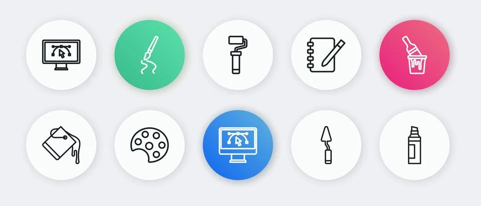 Set line Computer with design program, Paint bucket brush, Palette knife, N.. Stock Illustration