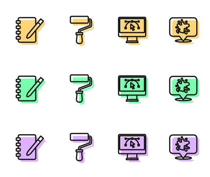 Set line Computer with design program, Notebook, Paint roller brush and spr.. 스톡 일러스트