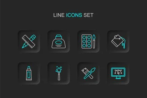 Set line Computer with design program, Paint brush, Magic wand, Tube paint .. 스톡 일러스트