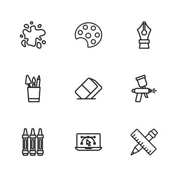 Set line Computer with design program, Paint spray gun, Crossed ruler and p.. Stock Illustration