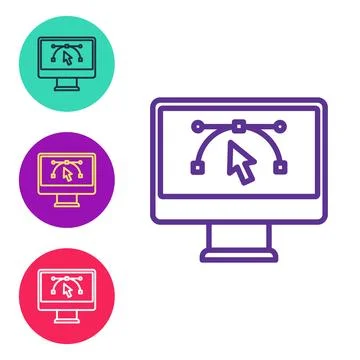 Set line Computer display with vector design program icon isolated on isola.. Stock Illustration