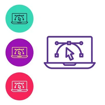 Set line Computer display with vector design program icon isolated on isola.. Illustrazione stock