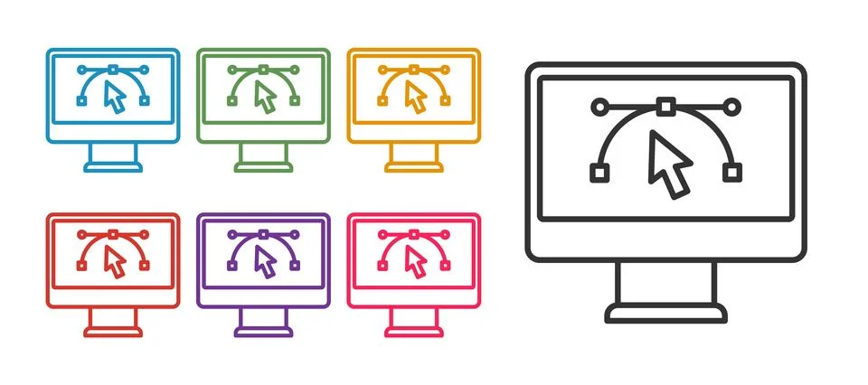 Set line Computer display with vector design program icon isolated on isola.. Stock Illustration