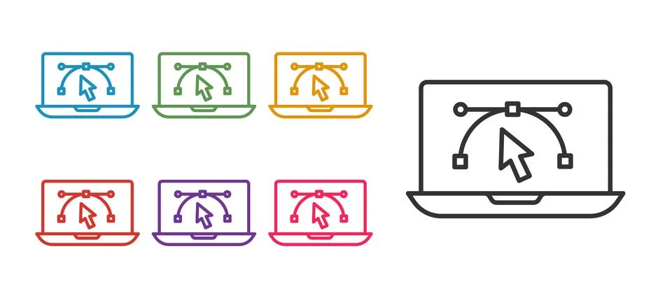 Set line Computer display with vector design program icon isolated on isola.. Illustrazione stock