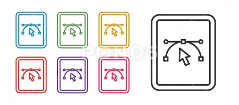 Set line Computer display with vector design program icon isolated on isola.. 库存插图