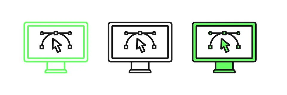 Set line Computer display with vector design program icon isolated on isola.. Stock Illustration