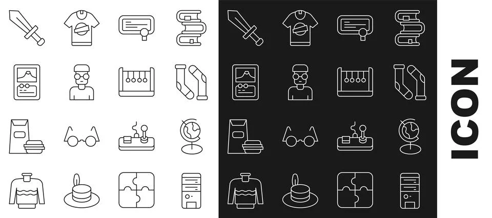 Set line Computer, Earth globe, Socks, Certificate template, Nerd geek, Car.. Illustrazione stock