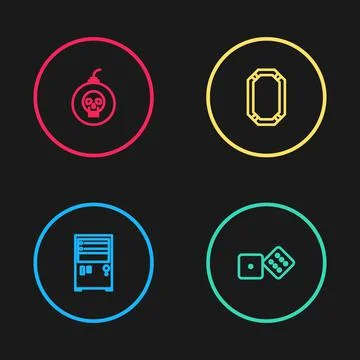 Set line Computer, Game dice, Poker table and Bomb ready to explode icon. Vector Stock Illustration