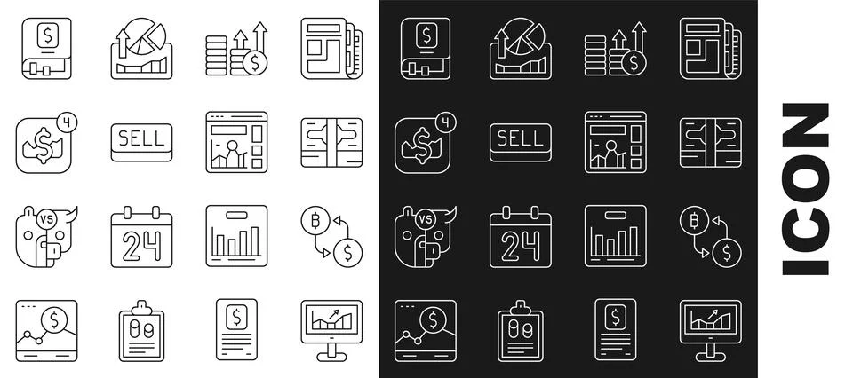 Set line Computer with growth graph, Cryptocurrency exchange, Stacks paper money Stock Illustration