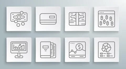 Set line Computer with growth graph, Credit card, Office folders, Website, Pi Stockillustratie