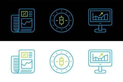 Set line Computer with growth graph, Business finance report and Bitcoin ic.. Stock Illustration