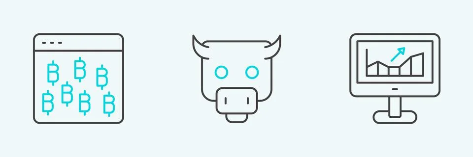 Set line Computer with growth graph, Bitcoin in browser and Bull market ico.. Illustrazione stock