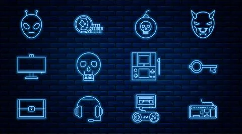 Set line Computer keyboard, Ancient for game, Bomb ready to explode, Skull Stock Illustration