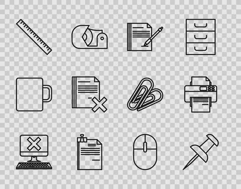 Set line Computer with keyboard and x mark, Push pin, Blank notebook pen, File Stock Illustration