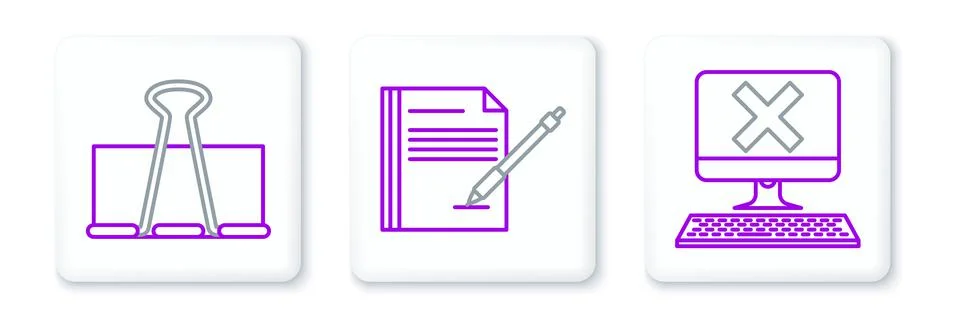 Set line Computer with keyboard and x mark, Binder clip and Blank notebook pe Stock Illustration