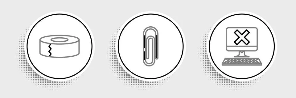 Set line Computer with keyboard and x mark, Scotch and Paper clip icon. Vector Stock Illustration