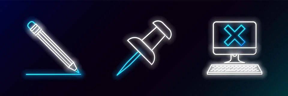 Set line Computer with keyboard and x mark, Pencil eraser line and Push pin icon Illustrazione stock