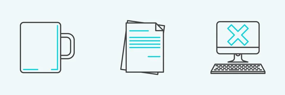 Set line Computer with keyboard and x mark, Coffee cup and File document icon Stock Illustration