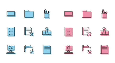 Set line Computer with keyboard and x mark, Delete folder, Laptop, File doc.. Stock Illustration