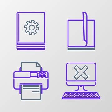 Set line Computer with keyboard and x mark, Printer, File document and User.. 스톡 일러스트