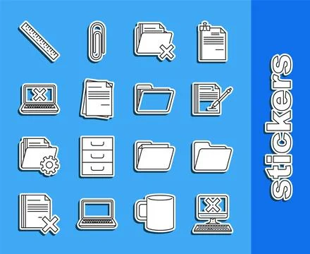 Set line Computer with keyboard and x mark, Document folder, Blank notebook.. 스톡 일러스트