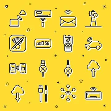 Set line Computer keyboard, Cloud upload, Smart car system, Mail and e-mail, 5G Stock Illustration