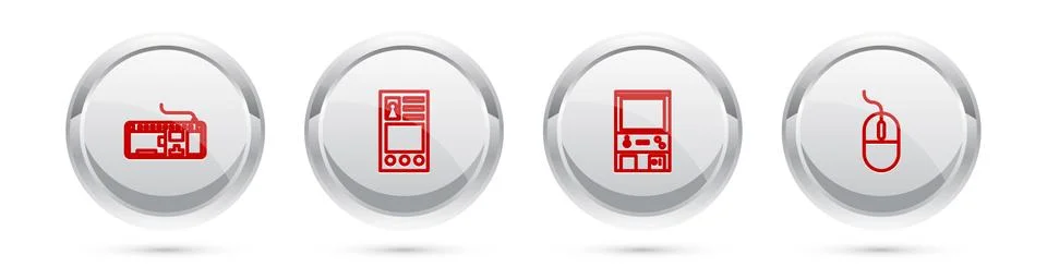 Set line Computer keyboard, Create account screen, Retro arcade game machine and Stock Illustration