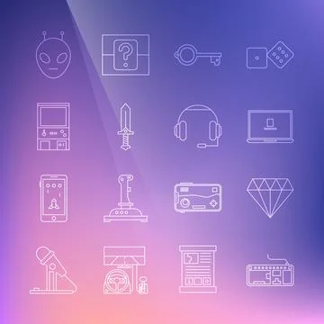 Set line Computer keyboard, Diamond, Laptop, Ancient for game, Sword, Retro Stock Illustration