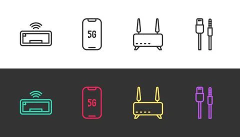 Set line Computer keyboard, Mobile with 5G, Router and wi-fi signal and USB Stock Illustration