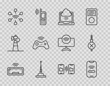 Set line Computer keyboard, Mobile with wi-fi wireless, Network cloud connect イラスト素材