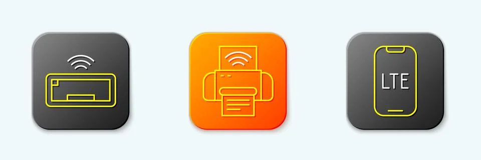 Set line Computer keyboard, Smart printer system and LTE network icon. Vector Stock Illustration