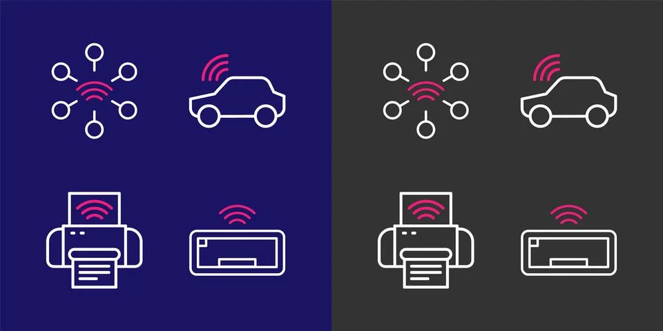 Set line Computer keyboard, Smart printer system, car and Network icon. Vecto Stockillustratie