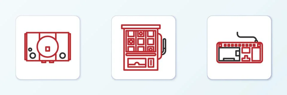 Set line Computer keyboard, Video game console and Slot machine icon. Vector Stock Illustration