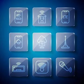 Set line Computer keyboard, Wi-Fi wireless internet, Wireless microphone, L.. Stock Illustration