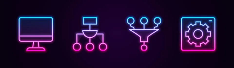 Set line Computer monitor, Algorithm, Funnel filter and api interface. Glow.. 스톡 일러스트