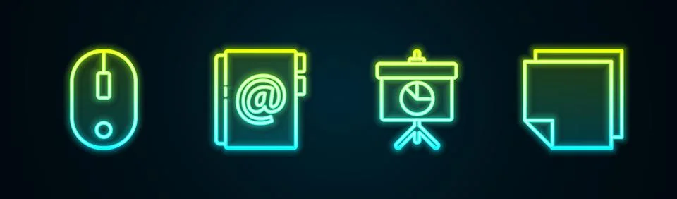 Set line Computer mouse, Address book, Chalkboard with diagram and Post note Stock Illustration
