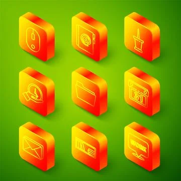 Set line Computer mouse, Address book, Push pin, Clock, Document folder, Ca.. Stock Illustration